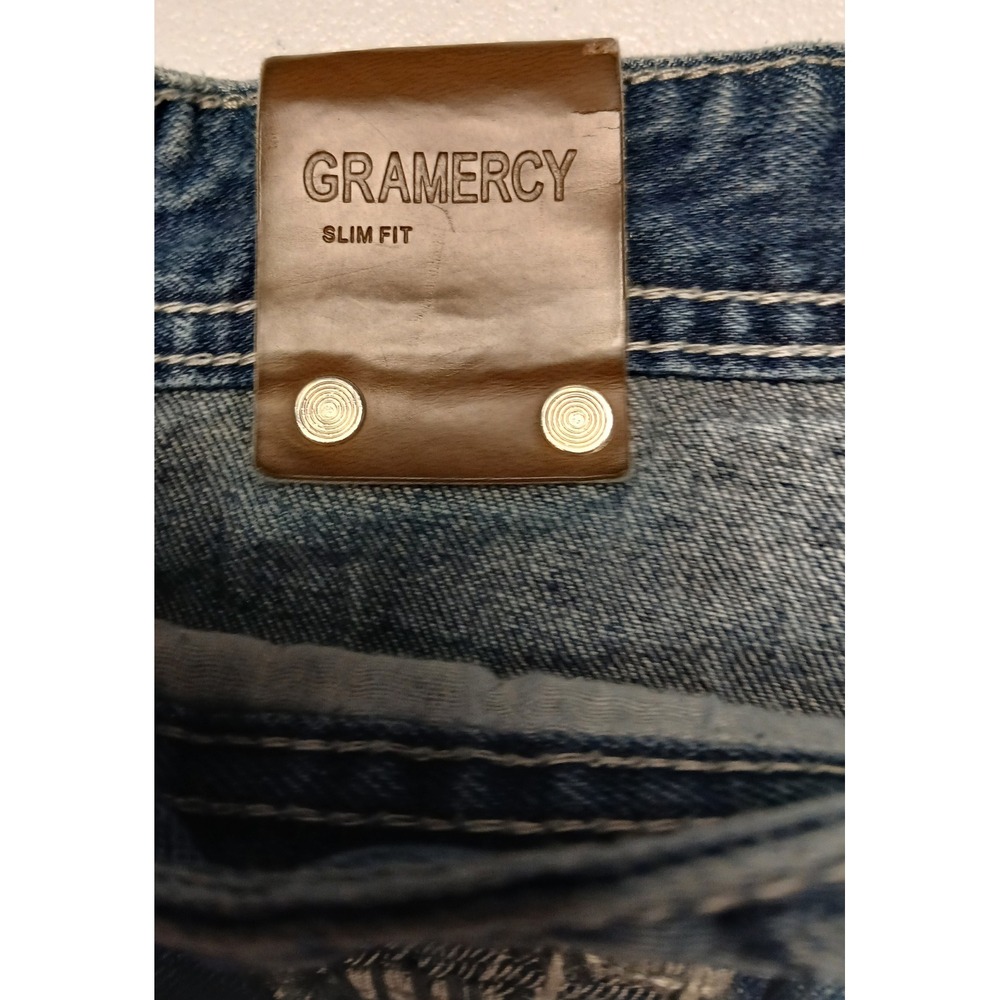 Gramercy GS115 Mens Slim Fit Distressed Embroidered Denim Shorts Blue VTG Sz 38 - Picture 2 of 10